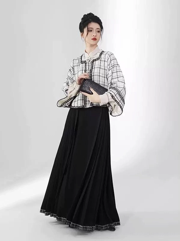 Modern Ming Dynasty Hanfu outfit featuring white plaid square-collar cropped jacket and black mamianqun skirt