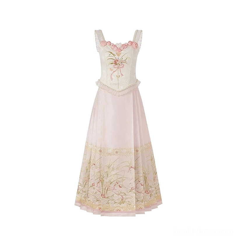 Flat lay of the complete Ming Dynasty modern Hanfu Waltz set with matching off shoulder floral bustier and soft pink embroidered mamian horse face skirt