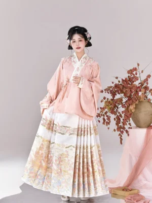 Ming Dynasty Hanfu full body front view with pink embroidered pipa sleeve top and landscape print mamianqun skirt