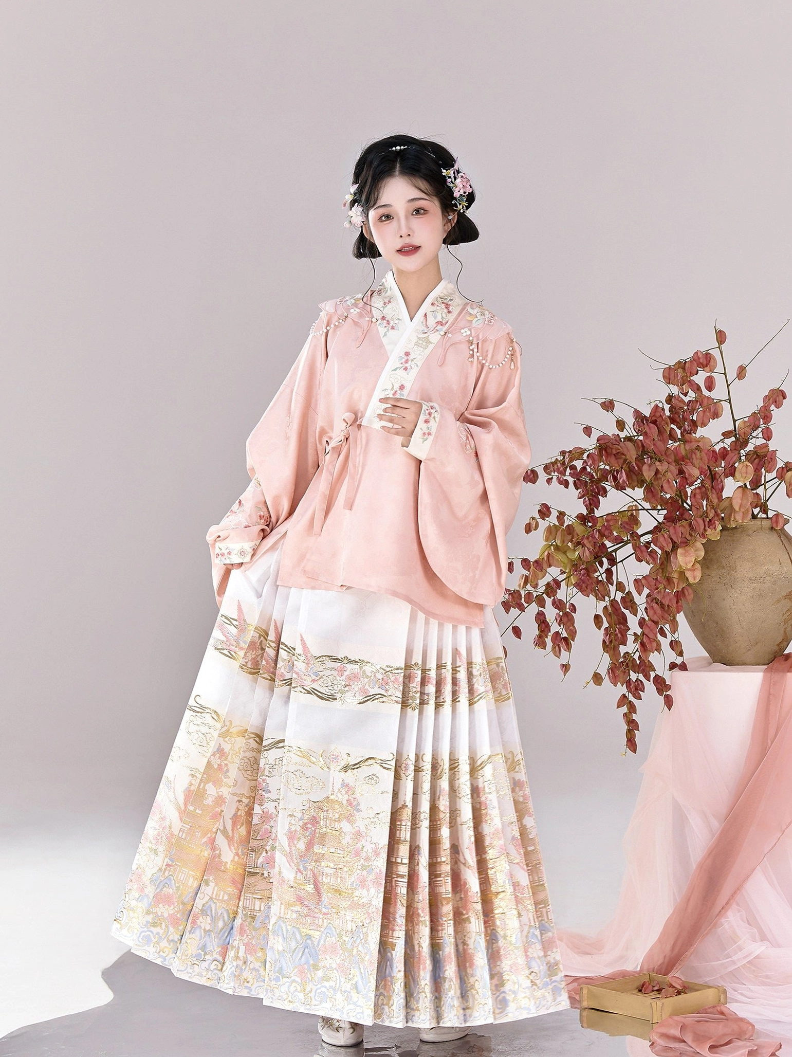 Ming Dynasty Hanfu full body front view with pink embroidered pipa sleeve top and landscape print mamianqun skirt