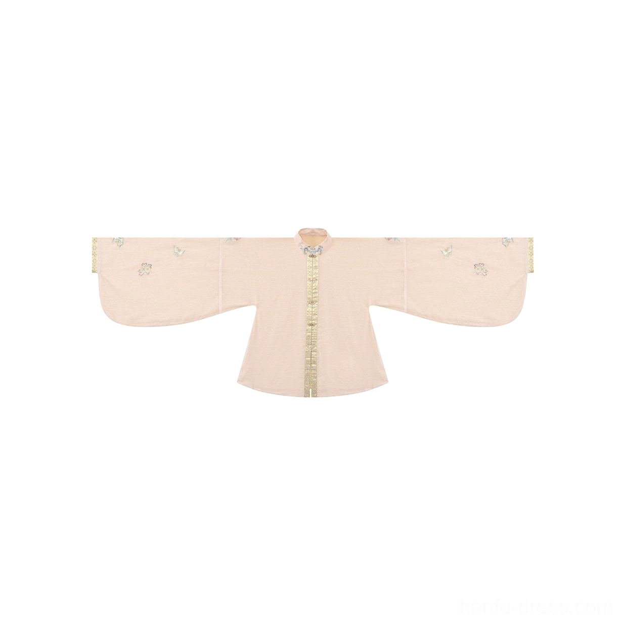Pastel orange Ming Dynasty pipa sleeve hanfu top with floral embroidery stand collar and hidden front buttons