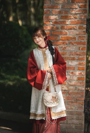 Ming Dynasty modern Hanfu Ranch Girl outfit side view showing geometric lace long vest contrast sleeve trim and layered styling