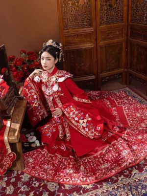 Overhead three-quarter view of a seated bride in a red Ming-style bridal Hanfu with embroidered mamian skirt, ornate cloud collar, and auspicious floral motifs