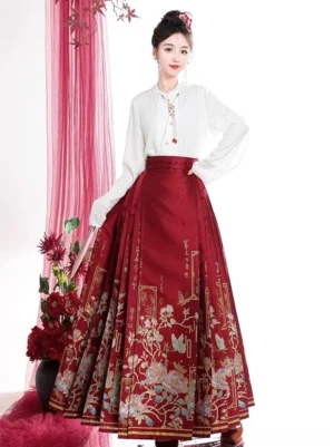 Wine red Ming Dynasty inspired mamianqun horse face skirt set with white stand collar Hanfu top, floral butterfly and calligraphy pattern front view