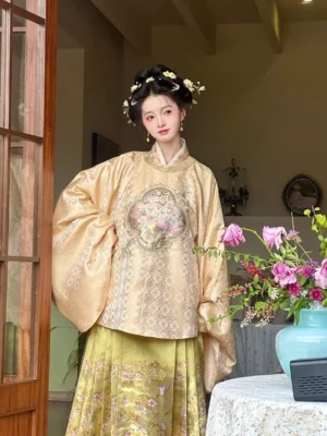 Ming Dynasty Hanfu woman wearing Thousand Golden Rays round collar embroidered top and pleated mamian skirt side front view