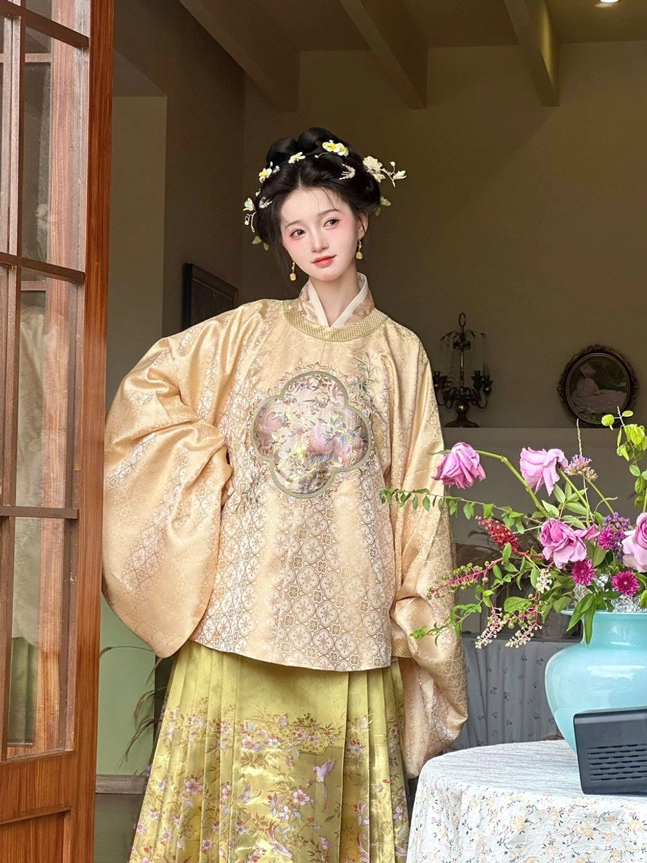 Ming Dynasty Hanfu woman wearing Thousand Golden Rays round collar embroidered top and pleated mamian skirt side front view