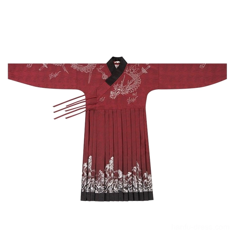 Flat lay of a deep red Ming Dynasty Tie Li Hanfu robe showing the black cross collar, dragon chest print, pleated lower skirt, silver landscape hem, and side fastening straps