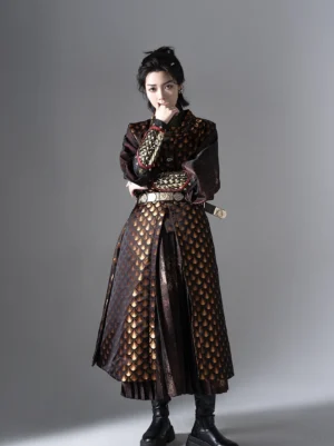 Three quarter view of a gender neutral Ming Dynasty Tieli Hanfu robe with golden scale jacquard vest waist belt sword ornament and pleated skirt