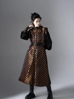 Full body front view of a Ming Dynasty inspired Tieli Hanfu warrior robe with dark flowing layers and a golden dragon scale patterned sleeveless vest