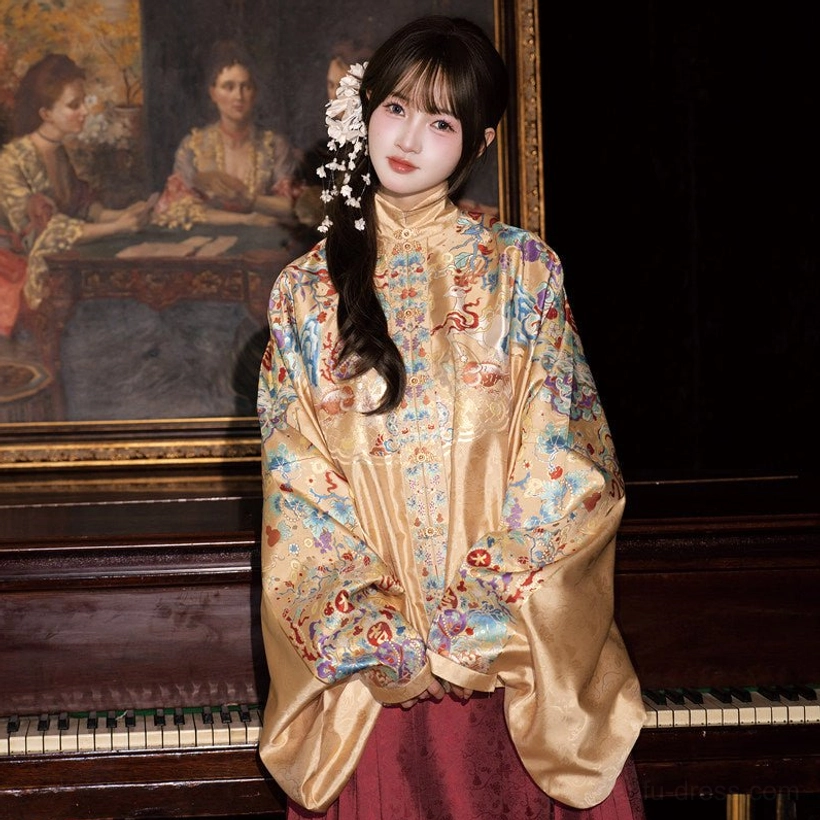 Champagne gold pipa sleeve top for Ming Dynasty wedding Hanfu with colorful embroidered collar and sleeve details