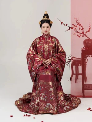 Full Ming Dynasty wedding Hanfu bridal set with layered red brocade tops and long patterned Mamian skirt in a formal seated portrait