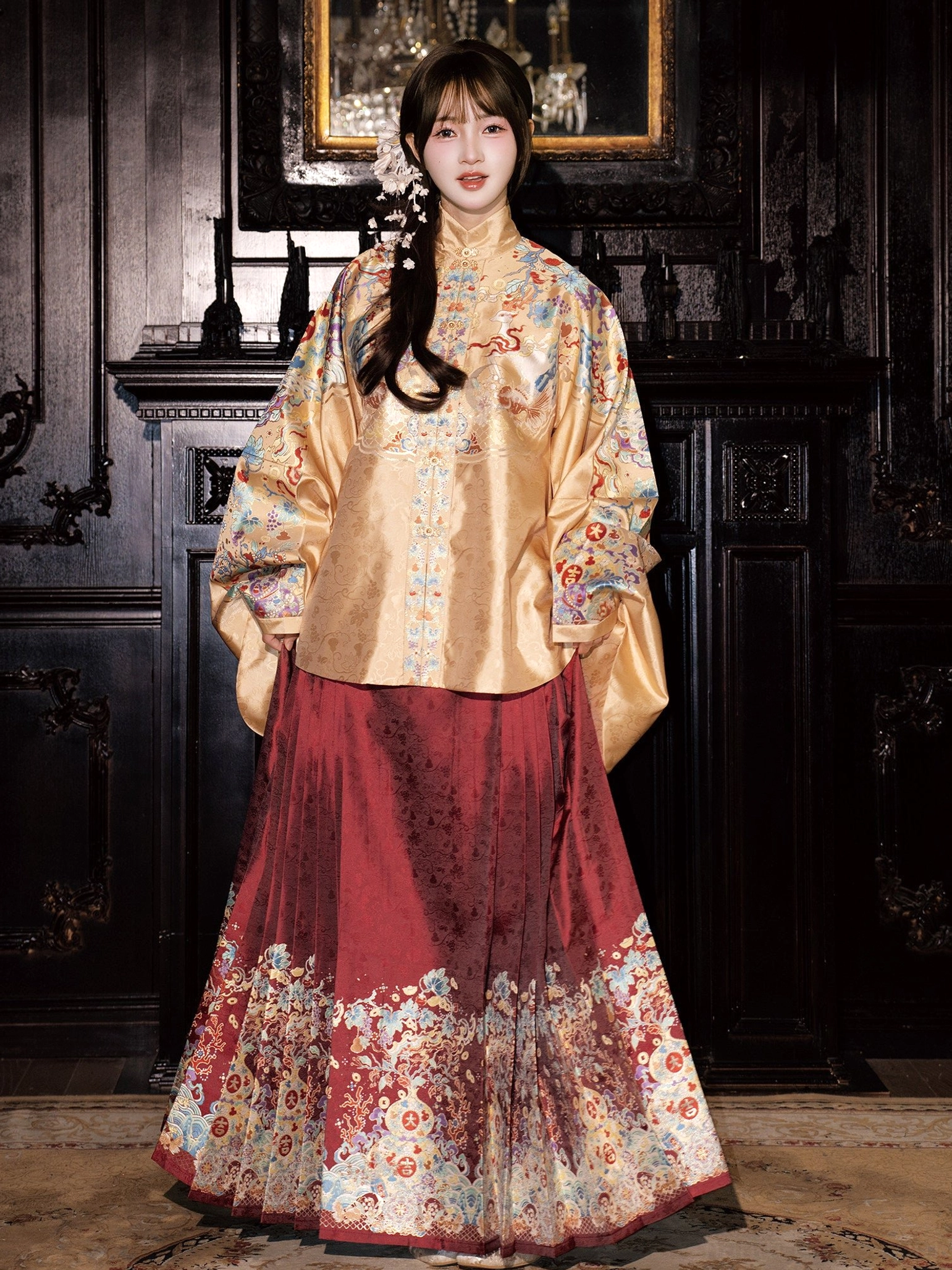 Close-up of champagne gold Ming Dynasty wedding Hanfu top with embroidered standing collar and elegant pipa sleeves