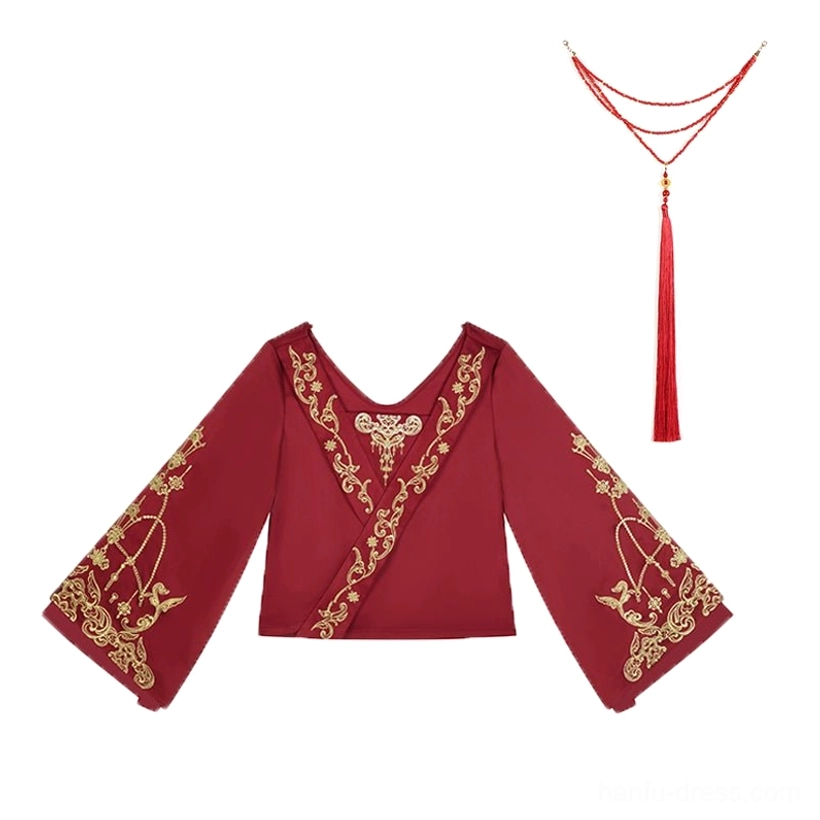 Off shoulder top from Ming Dynasty wedding Hanfu set displayed with gold decorative neckline and sleeve detailing