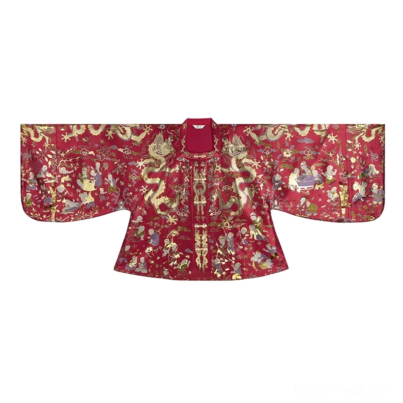 Red brocade winged sleeve Hanfu wedding top with stand collar, hidden front placket, wide sleeves, and golden auspicious patterns