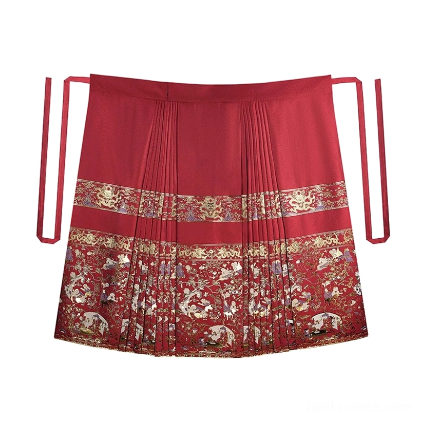 Red Ming Dynasty Mamian skirt with structured pleats, side tie straps, golden waistband, and woven auspicious brocade border