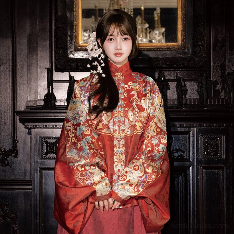 Red Ming Dynasty wedding Hanfu pipa sleeve top featuring auspicious floral embroidery on the standing collar and sleeves