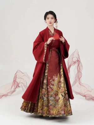 Complete deep red Ming Dynasty wedding Hanfu set with golden phoenix and dragon brocade, modeled in front view with red sheer wedding drapery