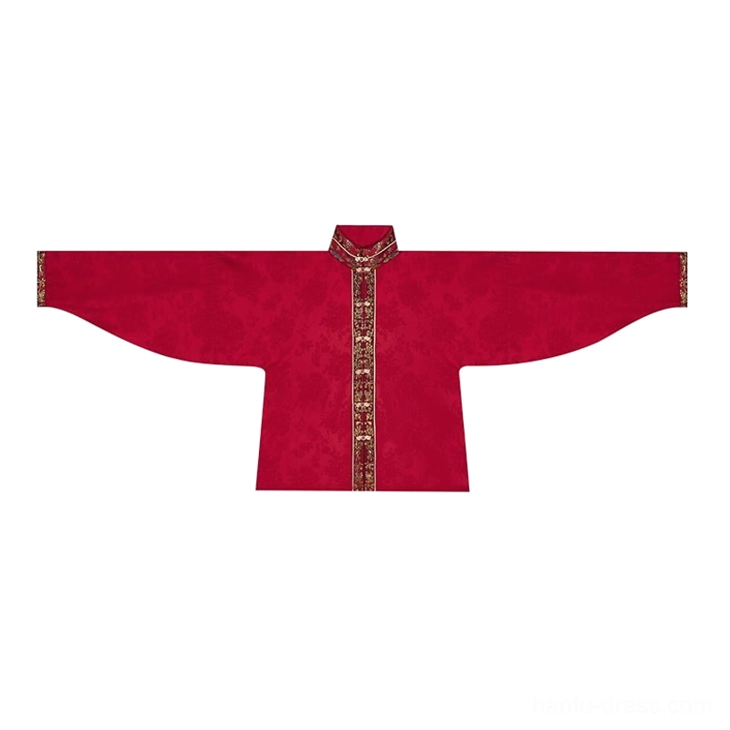 Deep wine red square collar Hanfu top with wide sleeves and subtle golden front trim for Ming Dynasty wedding styling