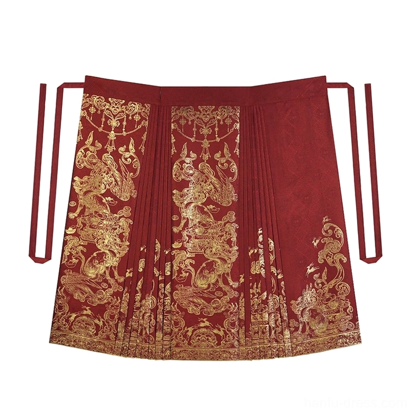 Crimson Ming Dynasty wedding Mamian skirt flat lay with pleats gold dragon motifs and waist fastening straps