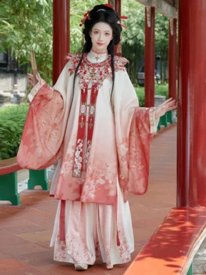 Full front view of an elegant women’s Ming Dynasty hanfu outfit with embroidered cloud shoulder collar, loose flowing robe, gradient hem, floral decoration, and pleated mamianqun skirt in a traditional Chinese pavilion