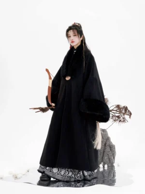 Ming Dynasty Wuxia Hanfu faux fur coat and silver hem mamian skirt worn by model holding a traditional Chinese bow