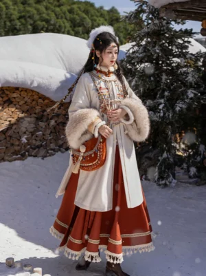Ming Dynasty inspired Zhuang embroidered Hanfu jacket styled with red skirt in snowy outdoor winter setting