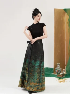Ming-inspired Chinese clothing two-piece outfit with black stand-collar top green frog buttons high-waisted mamian skirt and waist belt