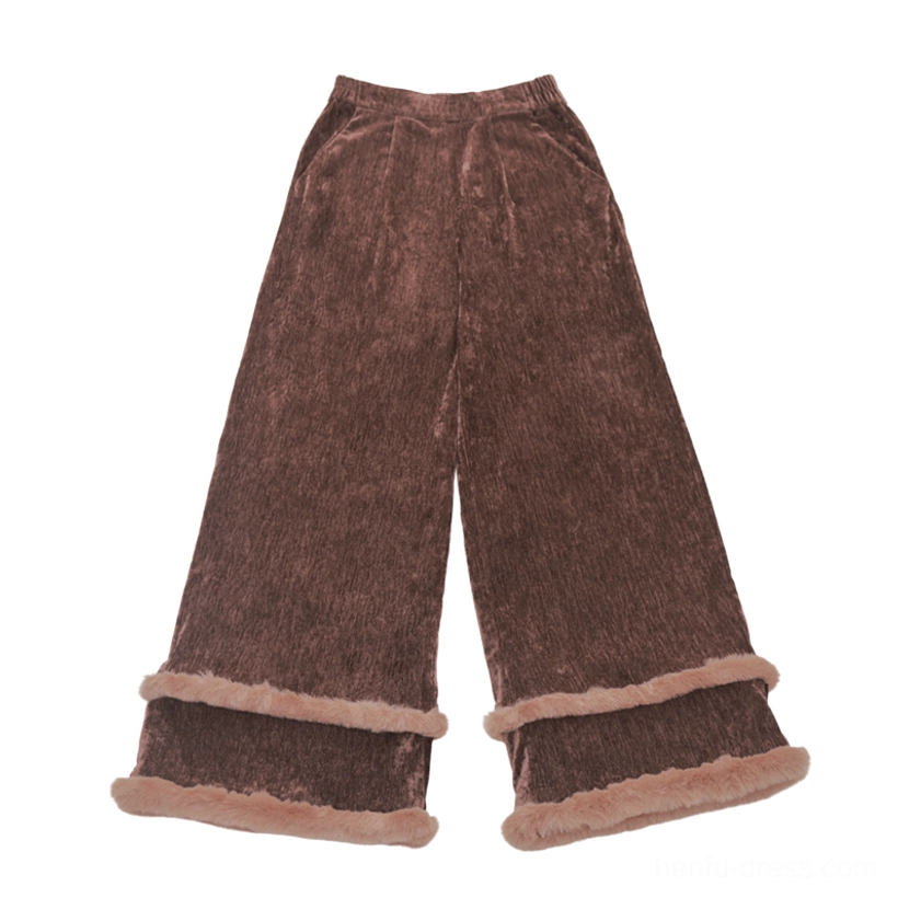 Dark brown corduroy wide leg pants with elastic waist and faux fur hem trim for modern Ming inspired Hanfu styling