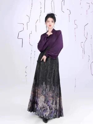 Front view of a Ming Dynasty inspired Chinese blouse and printed pleated Mamian skirt outfit with cyber kirin styling