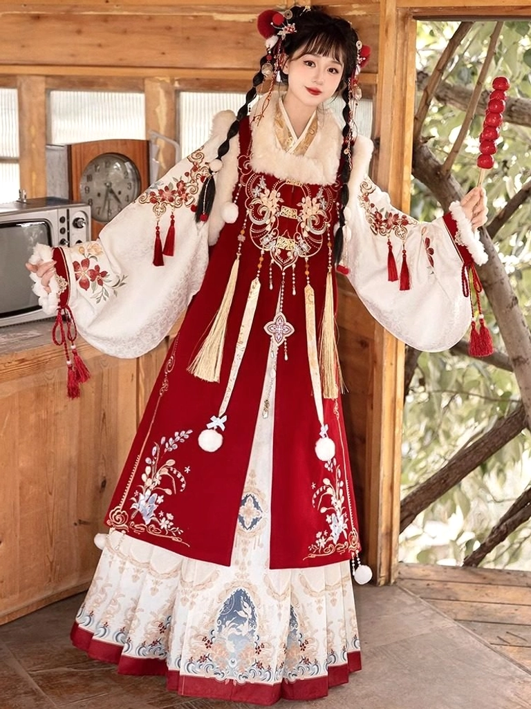 Front three-quarter view of a Ming-inspired Chinese New Year hanfu dress with red embroidered vest, white fluffy collar, floral pipa sleeves, tassel decorations, and printed mamian skirt