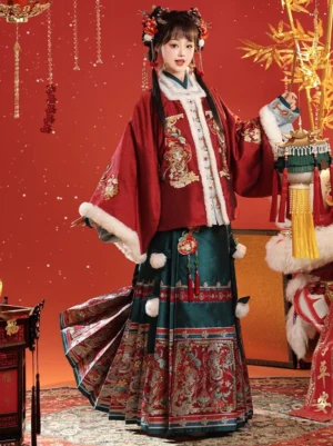 Three-quarter view of festive Chinese New Year Hanfu outfit with square collar red top, white trim, embroidered mamian skirt, and traditional lantern prop