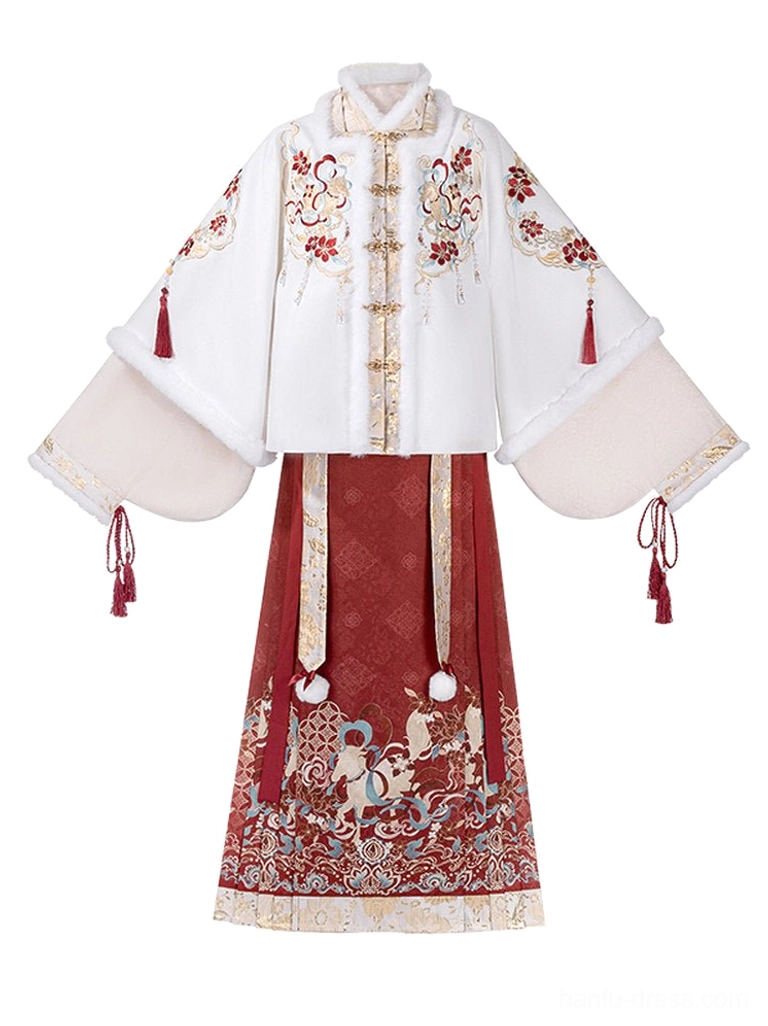 Flat lay of Ming-inspired Chinese New Year Hanfu full set including ivory embroidered coat top and red mamian skirt