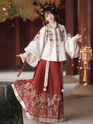 Ming-inspired Chinese New Year Hanfu full set with ivory embroidered coat and red mamian skirt in a traditional Chinese courtyard