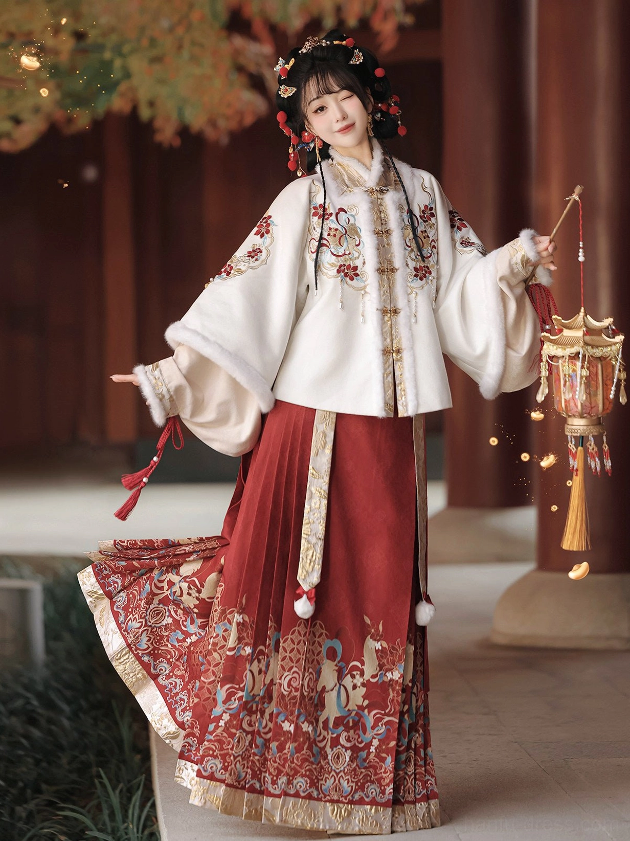 Ming-inspired Chinese New Year Hanfu full set with ivory embroidered coat and red mamian skirt in a traditional Chinese courtyard