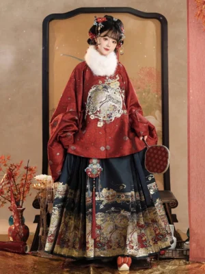 Full front view of Ming-inspired Chinese New Year hanfu set with dark red embroidered pipa sleeve top and navy gold mamian skirt