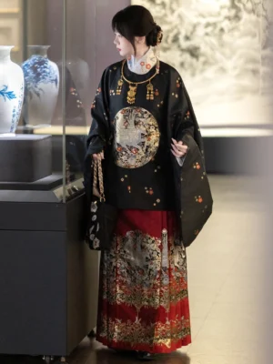 Side back view of black crane round-collar Hanfu top and red embroidered mamian skirt for Lunar New Year