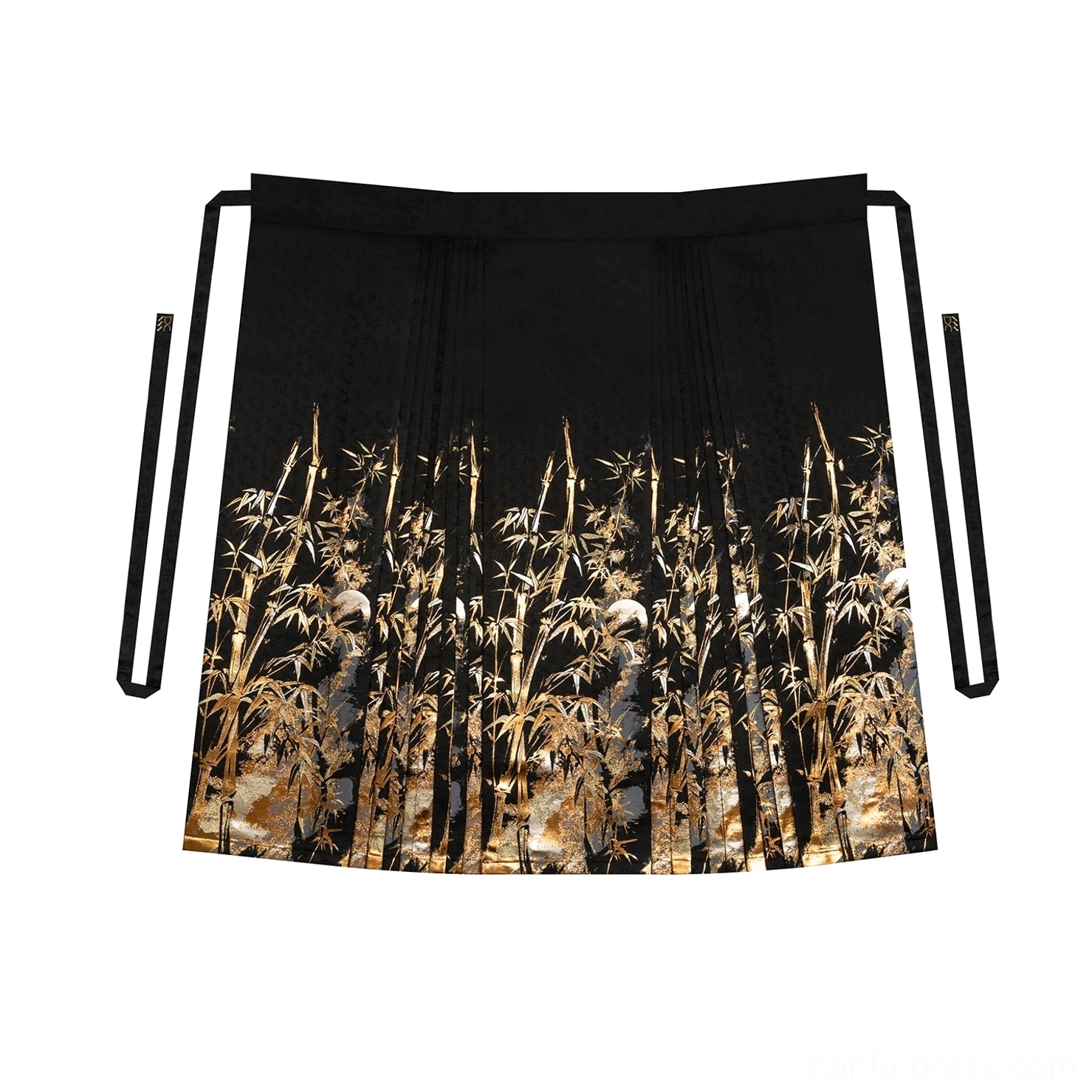 Full-length front view of a Ming-inspired Hanfu blouse and matching golden bamboo mamian skirt