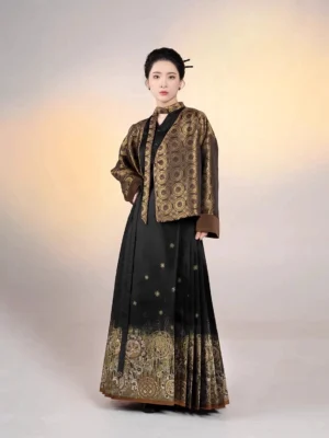 Ming Dynasty inspired bronze gold jacquard cropped coat with black Mamian skirt Hanfu outfit front view