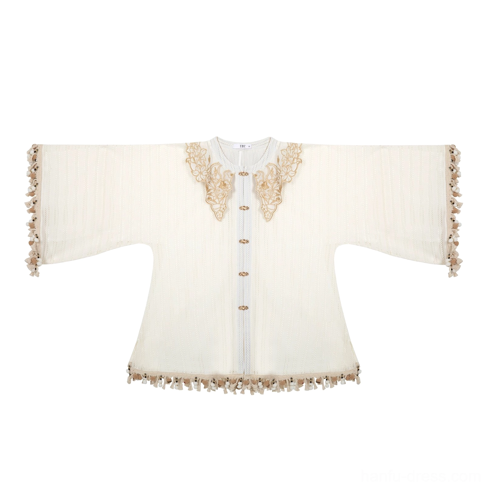 Flat lay front view of Ming-inspired modern Hanfu off-white striped stand collar blouse with lace and tassel trim