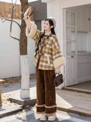 Modern Ming Dynasty Hanfu inspired plaid wool blend jacket and brown corduroy wide leg pants worn outdoors in autumn