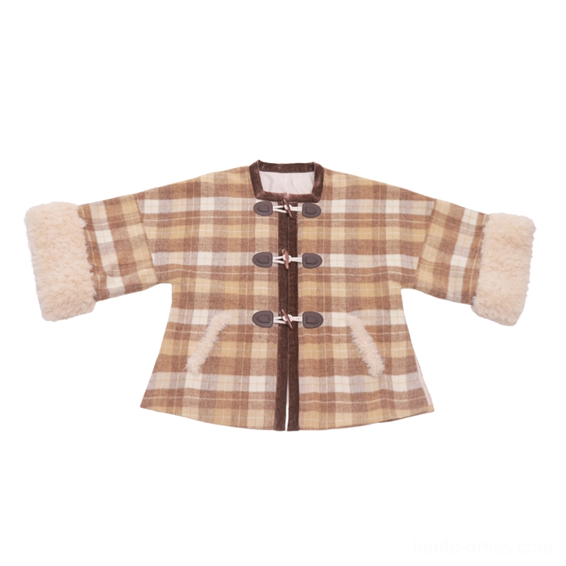Yellow brown plaid wool blend Ming inspired Hanfu jacket with stand collar toggle buttons side pockets and faux fur cuffs