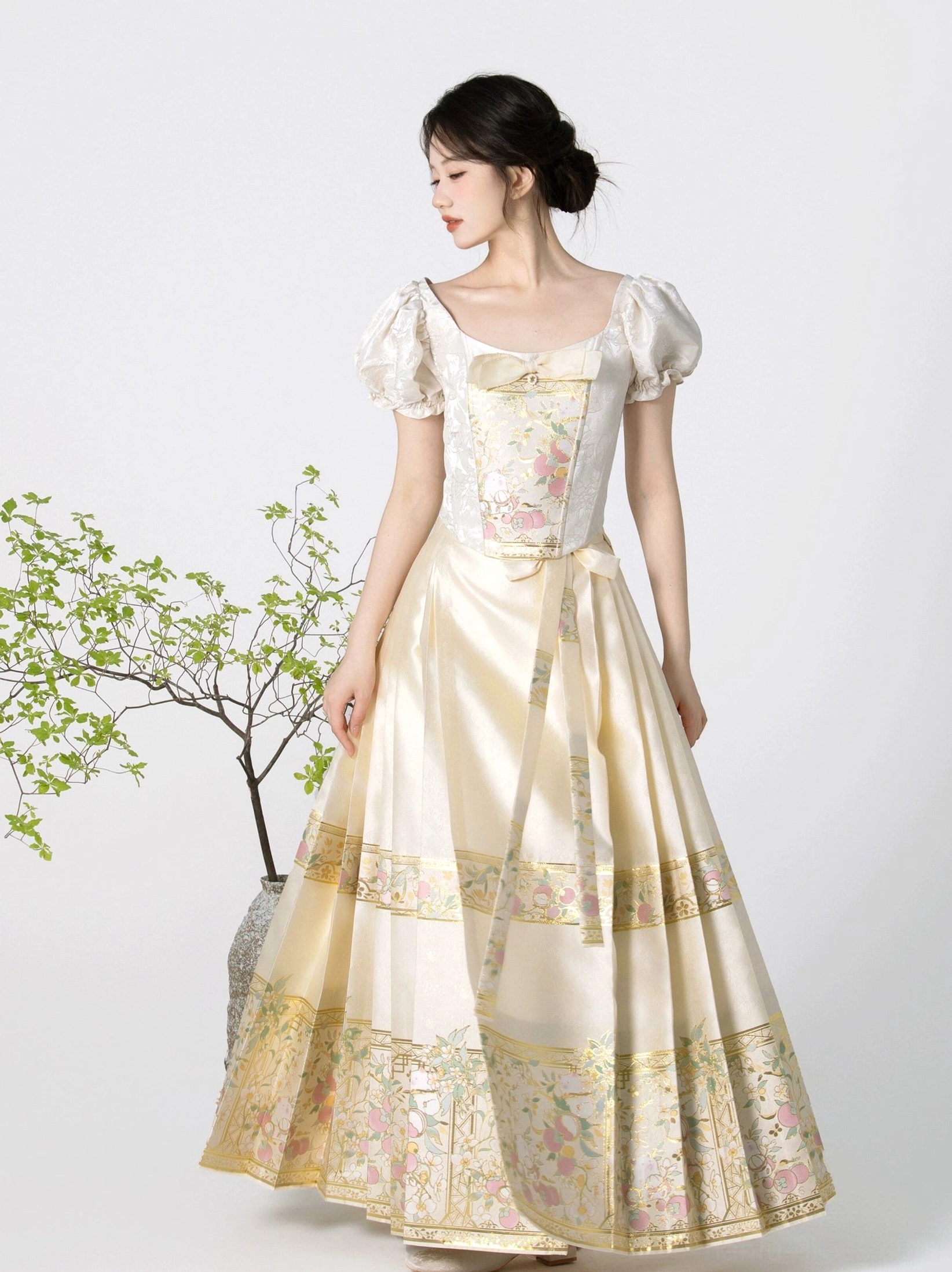 Elegant modern Hanfu dress styling with ivory square neck puff sleeve embroidered corset top and flowing decorative skirt