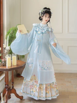Standing woman wearing a complete Ming style Chinese hanfu outfit with pale blue embroidered robe, tassel cloud collar, and traditional Mamian skirt