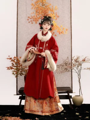 Front view of festive red Ming style Chinese New Year Hanfu robe with white fuzzy trim and embroidered mamian skirt