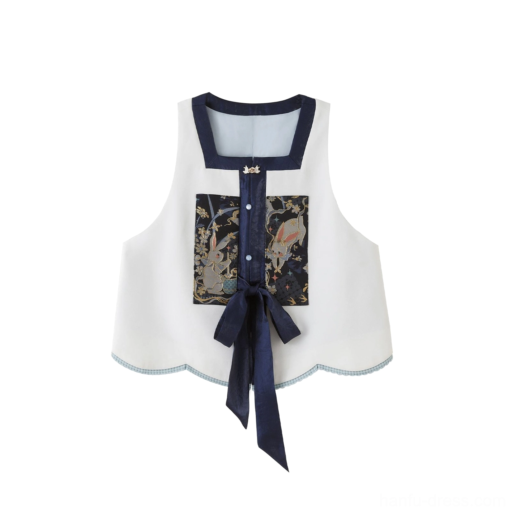 Flat lay front display of a Ming style Hanfu bijia vest with square neckline, navy and ivory color blocking, laurel motif patch, and adjustable waist sash
