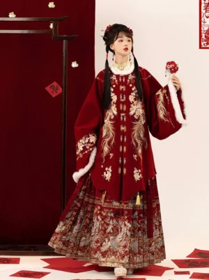 Traditional Ming style Hanfu engagement and tea ceremony outfit shown from the front with deep red embroidered jacket, mamian skirt, tassel details, and festive Chinese New Year styling