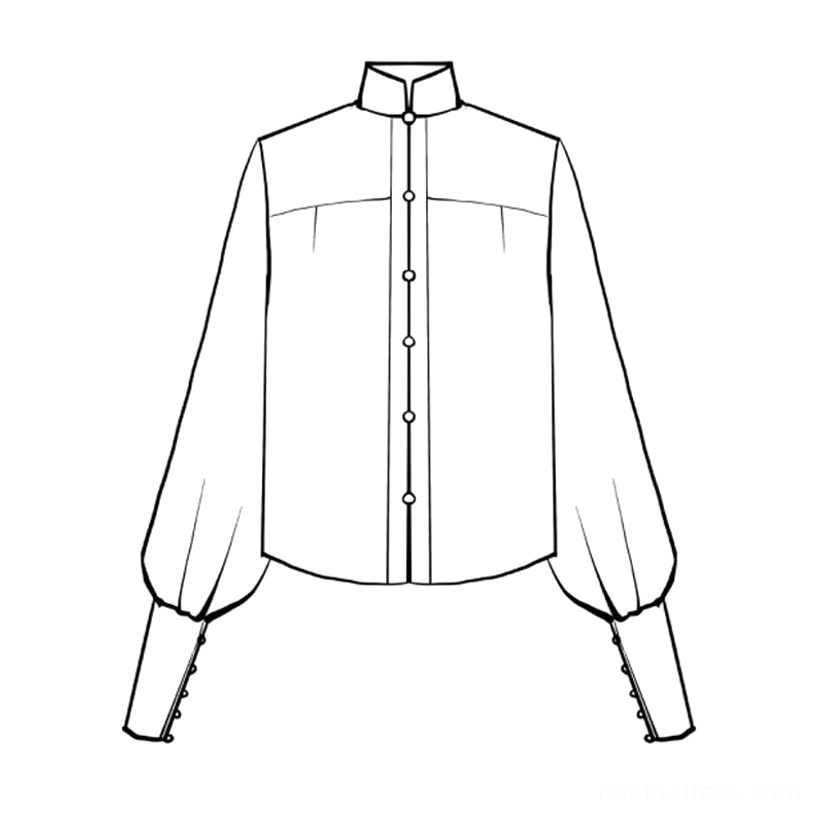 Technical line drawing of Ming style white Hanfu stand collar button front long sleeve blouse with lantern cuffs