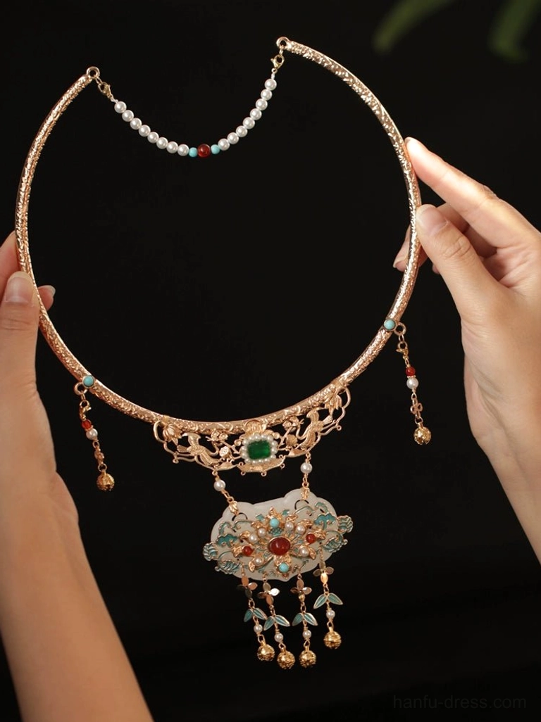 Ming-style Hanfu wedding collar necklace displayed against a black background with pearl forehead chain, colorful beads, ornate gemstone pendant, and gold bell tassels