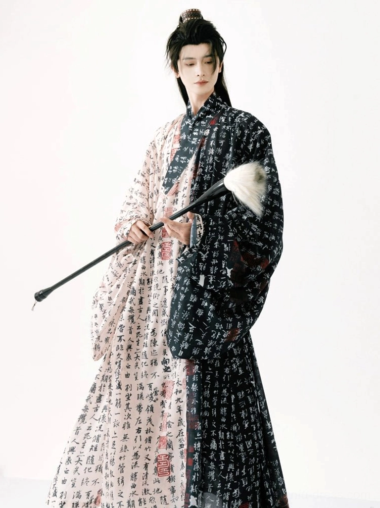Full-length Ming style male hanfu with black cursive calligraphy print, contrast color layers, wide sleeves, and flowing long hem