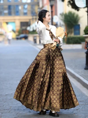 Ming style mamianqun horse-face skirt Hanfu outfit shown from the rear side with dark brown gold floral brocade pleats and elegant gold trimmed hem